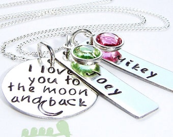 Mother gift - Name Charm necklace- Hand stamped charms - Women jewelry - I Love you to the moon and back - with one name/stone listing