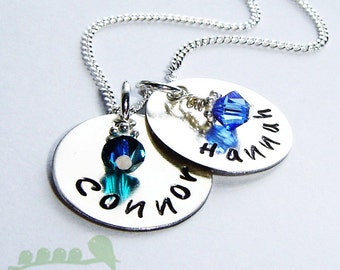 Mother necklace - Personalized handstamped charm name - 2 medium discs