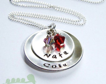 Mother stamped name necklace - Charm necklace - Personalized jewelry - Birthstone necklace- Handstamped