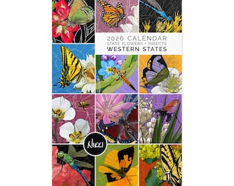 Puede incluir: Un calendario de 2026 con encuadernación en espiral, que presenta ilustraciones coloridas de mariposas, insectos y flores estatales de los estados occidentales. El texto dice "2026 Calendar State Flowers + Insects Western States".