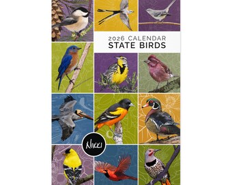 Calendario da parete 2026 State Bird + Botanical 11x17 / Uccelli disegnati a mano + fiori di stato / Stampe incorniciabili 11x11