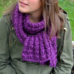 May include: A chunky, hand-knitted purple scarf. The scarf is made of thick yarn, creating a textured, ribbed pattern. The scarf is wrapped around the neck and chest. The person is wearing a green jacket.