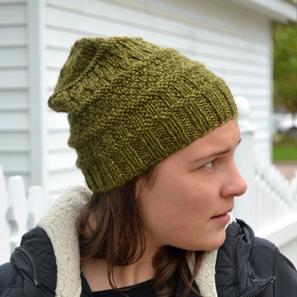 Gracie: JOSHUA TREE green heather moss Knit Slouch Beanie Ribbed Brim Hat women teens handmade knitting slouchy (3133)