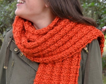 Knit Scarf, ERICA in PUMPKIN orange hand knit thermal waffle stitch professional unisex classic gift winter accessory (3143)