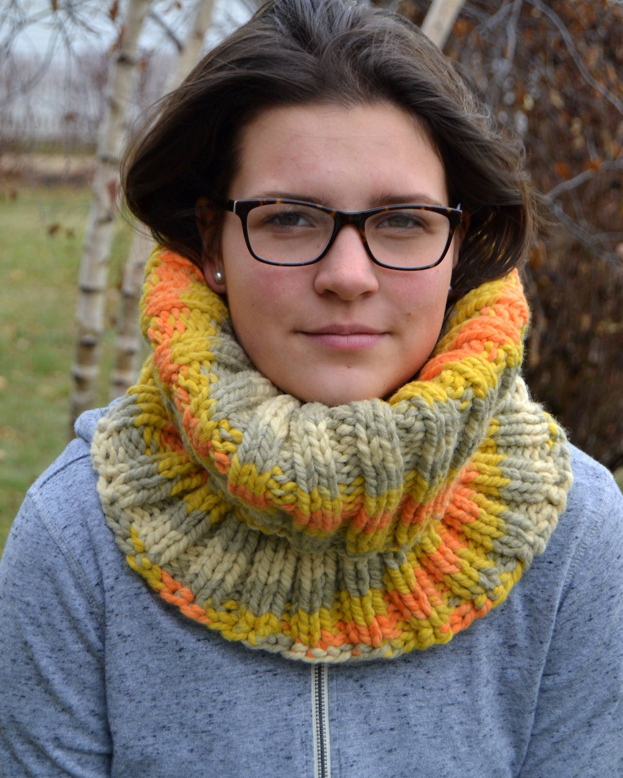 Knit Chunky Ribbed Cowl Infinity Scarf MARIGOLD Variegated Yellow ...