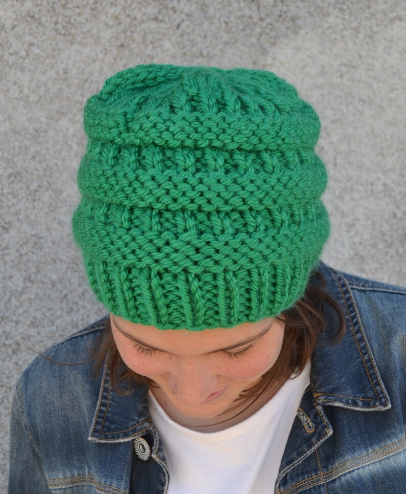 Boxcar: KELLY GREEN Knit Chunky Beanie Hat Hand Knit Green Bay bulky oversized soft ribbed banded warm gender neutral style gift boho 1895 image 5