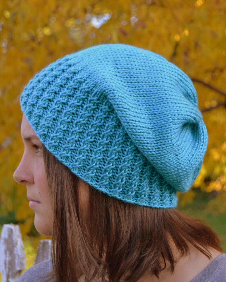 Download Caroline: TURQUOISE Knit Slouch Beanie Mock Cable Brim Hat ...