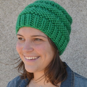 Boxcar: KELLY GREEN Knit Chunky Beanie Hat Hand Knit Green Bay bulky oversized soft ribbed banded warm gender neutral style gift boho 1895 image 4