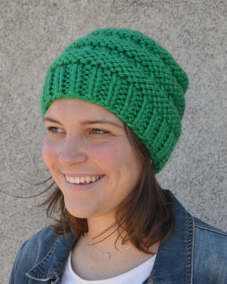 Boxcar: KELLY GREEN Knit Chunky Beanie Hat Hand Knit Green Bay bulky oversized soft ribbed banded warm gender neutral style gift boho 1895 image 4