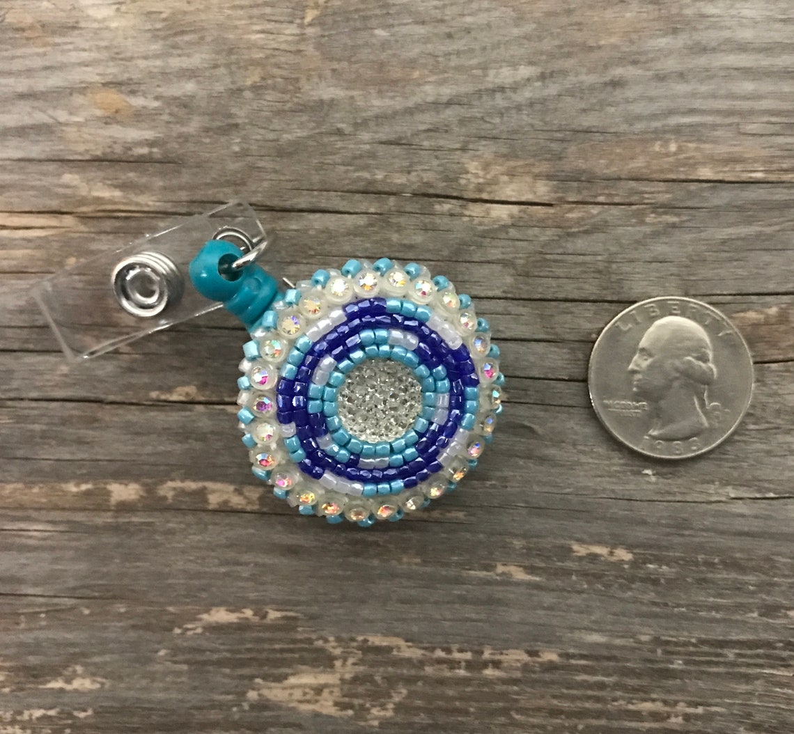 Native American Beaded BADGE HOLDER pull string blue sparkle Etsy