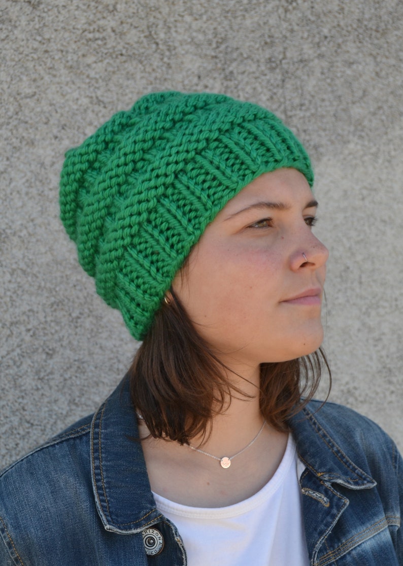 Boxcar: KELLY GREEN Knit Chunky Beanie Hat Hand Knit Green Bay bulky oversized soft ribbed banded warm gender neutral style gift boho 1895 image 6