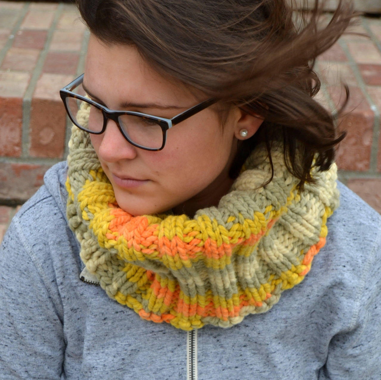 Knit Chunky Ribbed Cowl Infinity Scarf MARIGOLD Variegated Yellow ...