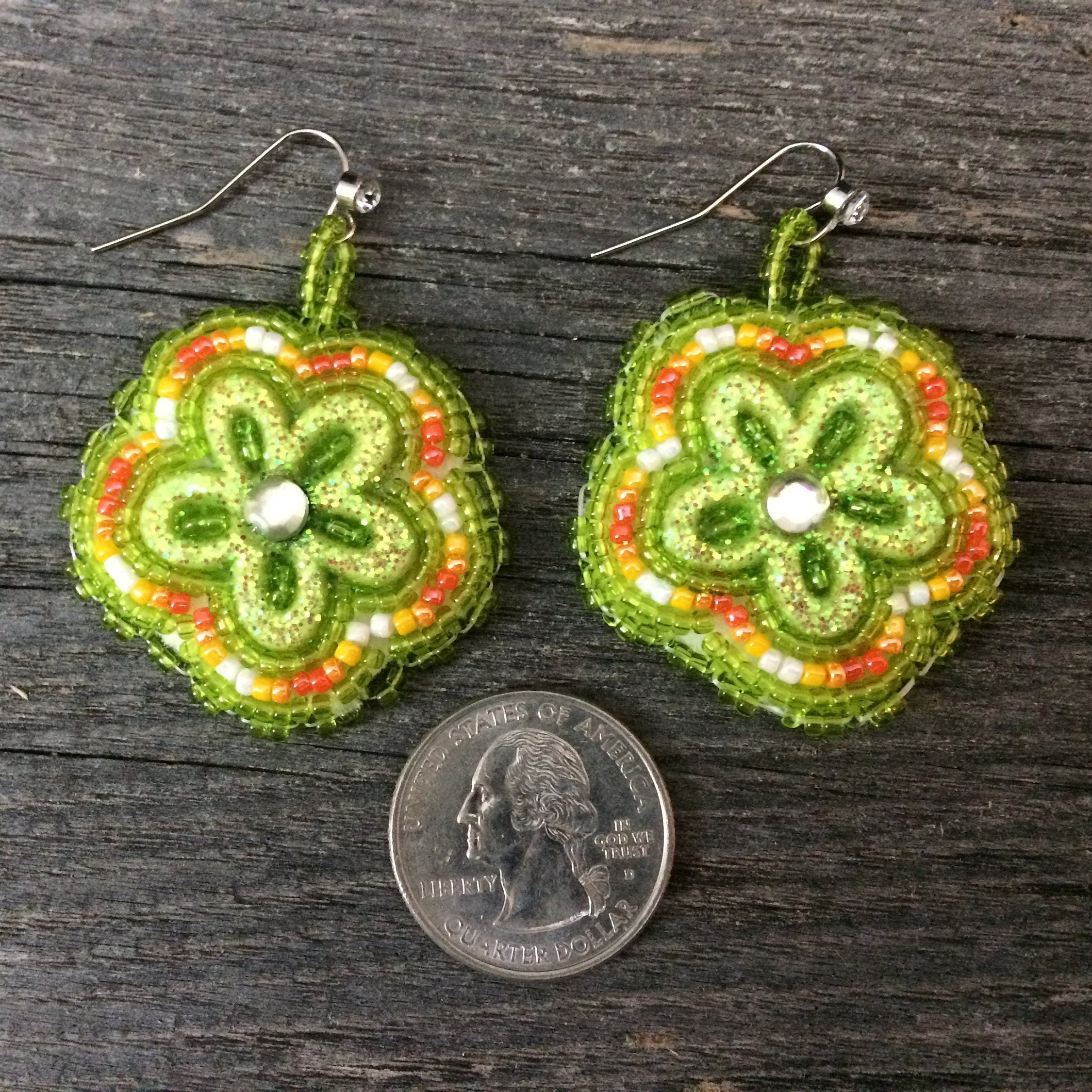 Native American Beaded Earrings Green FLOWER drop ear wire Etsy