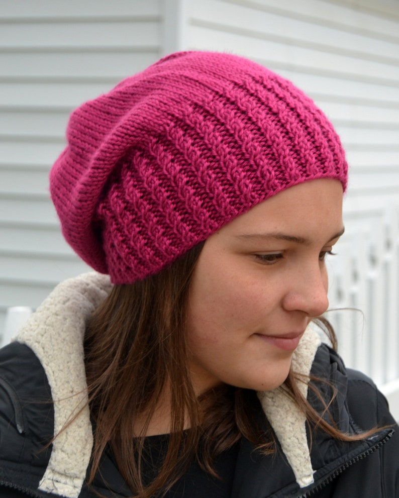 Download Caroline: FUCHSIA Knit Slouch Beanie Mock Cable Brim Hat ...