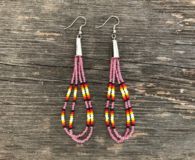 Native American Beaded Earrings Cone LOOP TASSEL long | Etsy