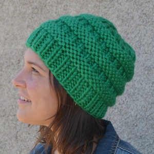Boxcar: KELLY GREEN Knit Chunky Beanie Hat Hand Knit Green Bay bulky oversized soft ribbed banded warm gender neutral style gift boho 1895 image 2