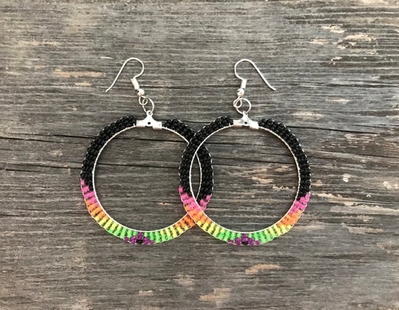 Native American Beaded Earrings NEON hoop black pink orange | Etsy