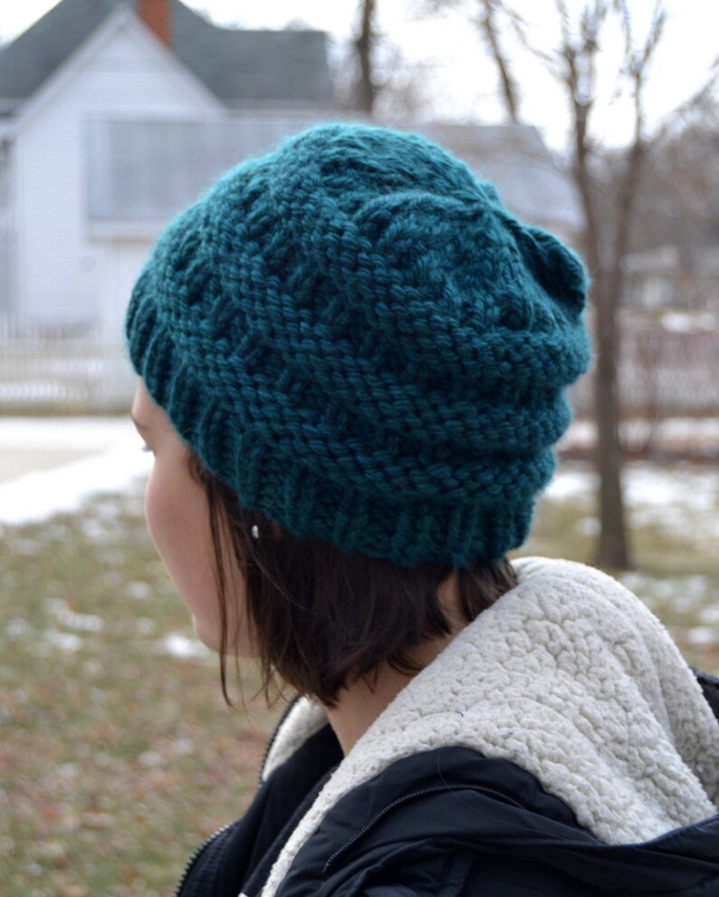 bulky oversized soft ribbed banded warm CC style Knit Chunky Beanie Hat 3035 BOXCAR Hand Knit in PEACOCK Teal
