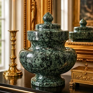 Vintage Green Marble Ginger Jar with Lid, Hollywood Regency Chinoiserie Vase