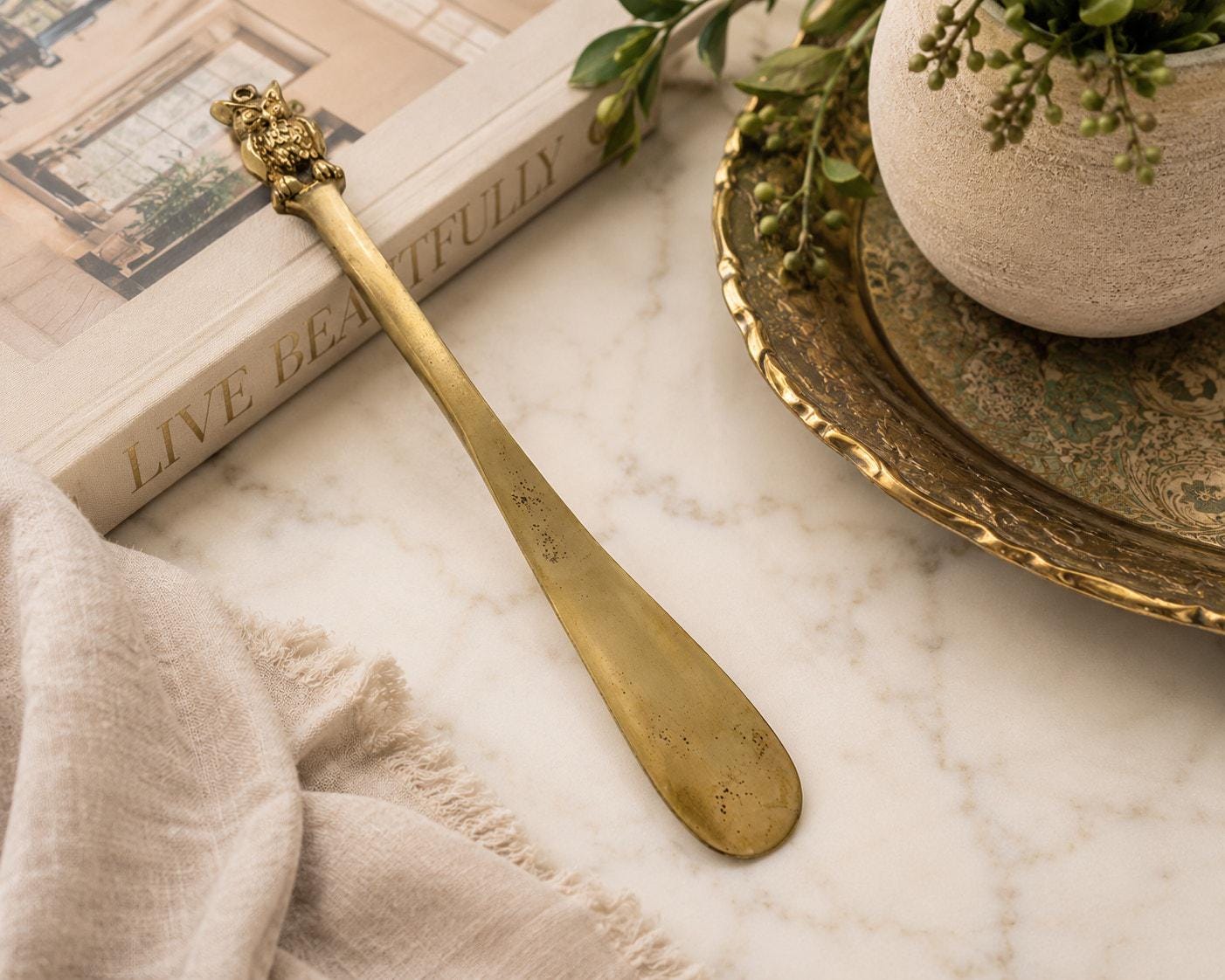 Vintage Brass Owl Shoe Horn, Ornate Owl Handle, Long Handled Shoe Horn, Brass Dressing Aid, Vintage