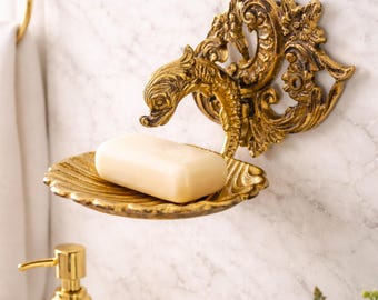 Solid Brass Dolphin Shell Soap Dish, Vintage Wall Mounted Bathroom Hardware