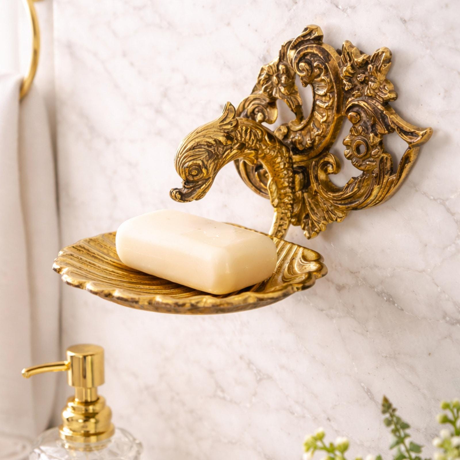 Vintage 1950s SHELL BRASS SOAP DISH / Solid Brass Soap Holder Vintage Brass Shell Soap Dish With Mythical Face | Chairish main image 4