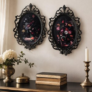 Vintage Italian Floral Oval Art Pair, Ornate Metal Frames, Rococo Baroque Decor