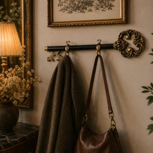 May include: A decorative wall-mounted key-shaped coat rack with a black bar and ornate gold-colored key head and hooks. A brown coat and a brown leather handbag hang from the hooks. The rack is mounted on a neutral-colored wall.