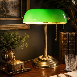 Vintage Banker's Lamp, Emerald Green Shade, Brass Base, Library Desk Light