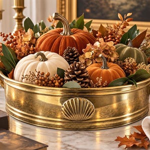 May include: A round brass tray with two side handles and a central shell-shaped emblem, filled with a decorative arrangement of velvet pumpkins in orange, white, and green, interspersed with brown pinecones, dried foliage, and small berries.
