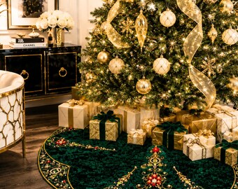 Mark Roberts Emerald Crushed Velvet Christmas Tree Skirt, Jeweled Victorian Holiday Decor, 48 Inch