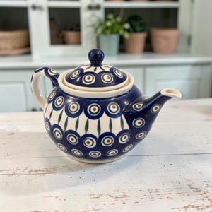 Polish Pottery Teapot, Cobalt Blue Peacock Eye Pattern, 6 Inch Lidded Ceramic
