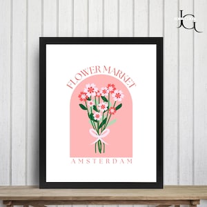Flower market print, Amsterdam flower market, flower market wall art, college apartment wall art, pink wall art, Flower bouquet print