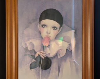 Vintage Mira Fujita Framed Art Print Pierrot With Rose 25x21