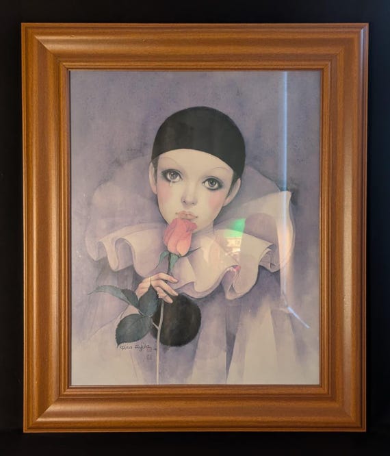 Vintage Mira Fujita Framed Art Print Pierrot With Rose 25x21