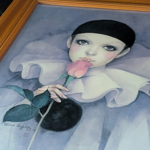 Vintage Mira Fujita Framed Art Print Pierrot with Rose 25x21 Signed Japanese Artist