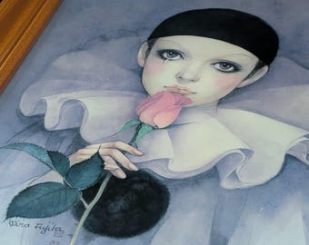 Vintage Mira Fujita Framed Art Print Pierrot With Rose 25x21