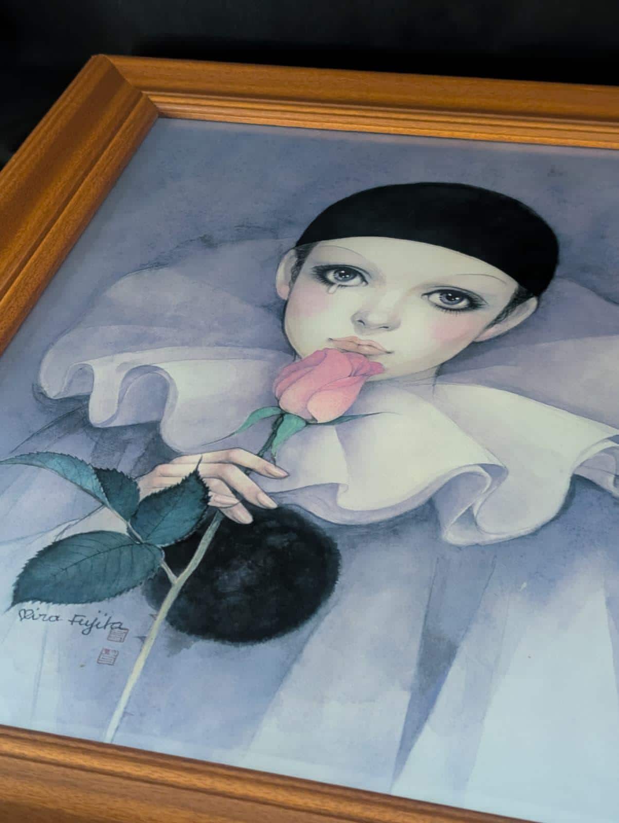 Vintage Mira Fujita Framed Art Print Pierrot With Rose 25x21