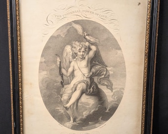 Puede incluir: Un grabado antiguo enmarcado en negro que representa a un querubín alado sosteniendo una antorcha y sentado en un globo terráqueo. La impresión se titula "The Universal Power of Love" e incluye un lema debajo de la imagen.