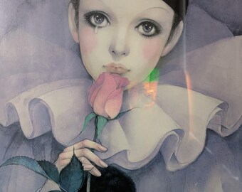 Vintage Mira Fujita Framed Art Print Pierrot With Rose 25x21