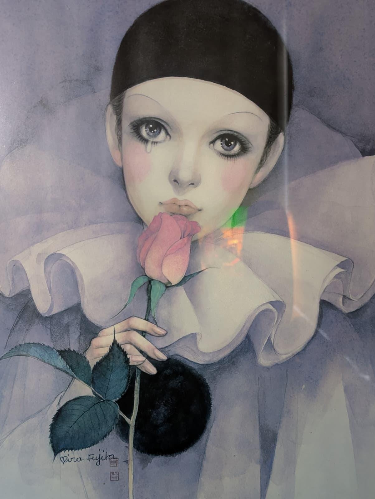 Vintage Mira Fujita Framed Art Print Pierrot With Rose 25x21