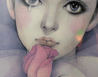 Vintage Mira Fujita Framed Art Print Pierrot With Rose 25x21