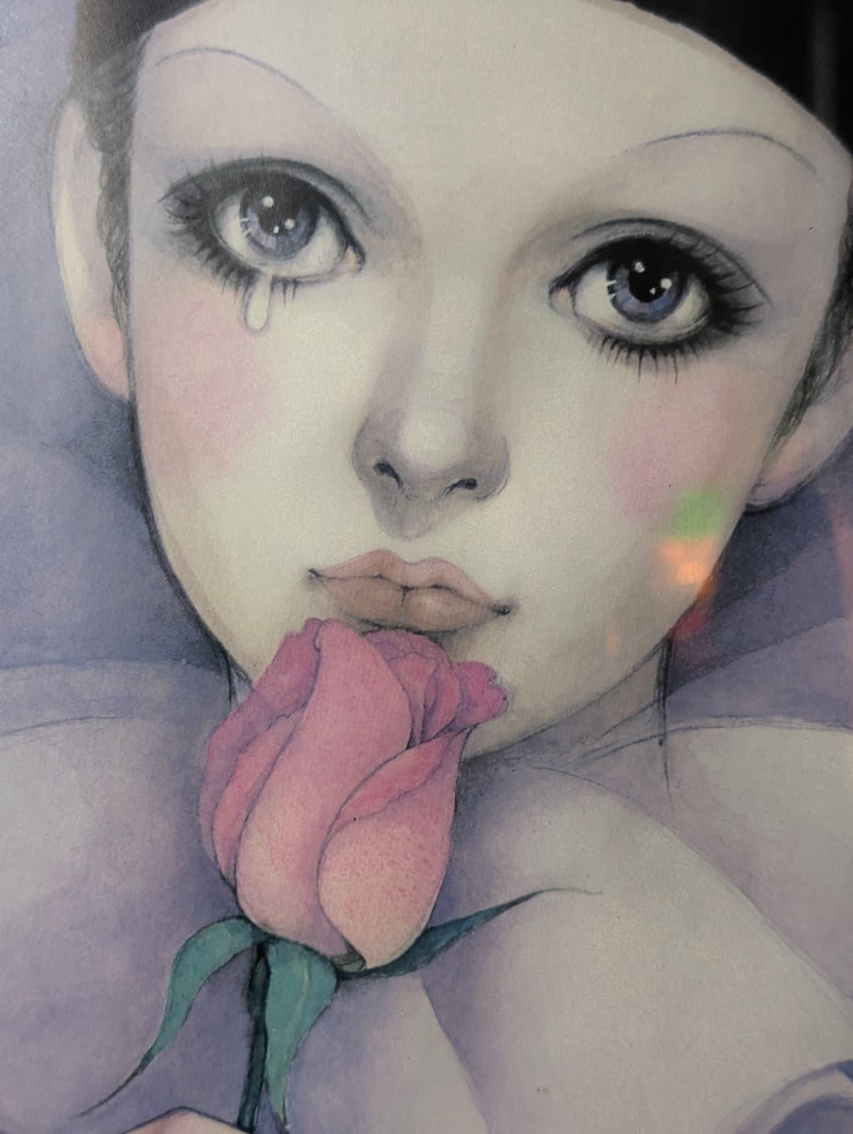 Vintage Mira Fujita Framed Art Print Pierrot With Rose 25x21