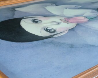 Vintage Mira Fujita Framed Art Print Pierrot With Rose 25x21