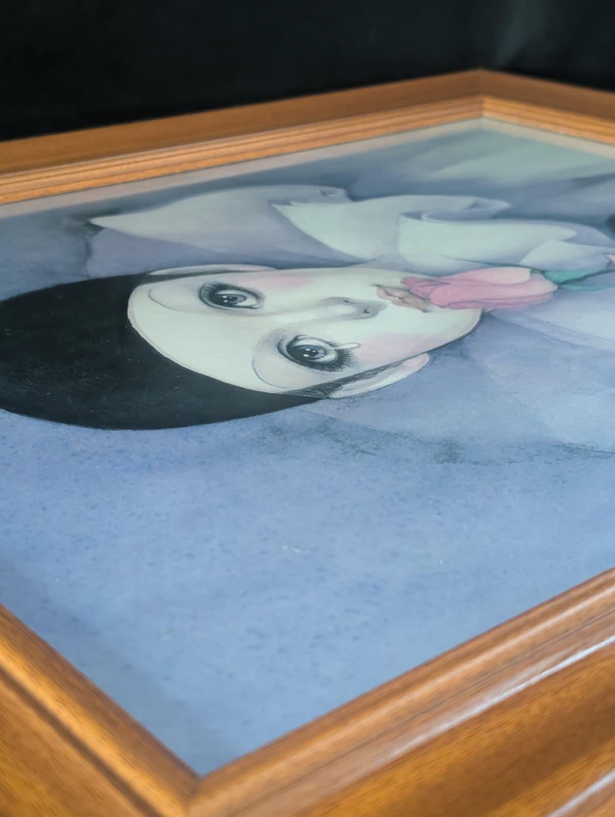 Vintage Mira Fujita Framed Art Print Pierrot With Rose 25x21