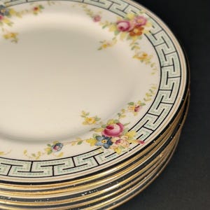Może przedstawiać: Stos okrągłych białych talerzy ceramicznych z ozdobną obwódką z czarnym greckim wzorem meandra oraz kolorowym motywem kwiatowym w odcieniach różu, żółci i błękitu. Krawędzie talerzy wykończone są cienką złotą metaliczną lamówką.