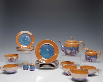 Vintage Japanese Lusterware 21pc Tea Set – Orange, Lavender & Blue, Mid-Century