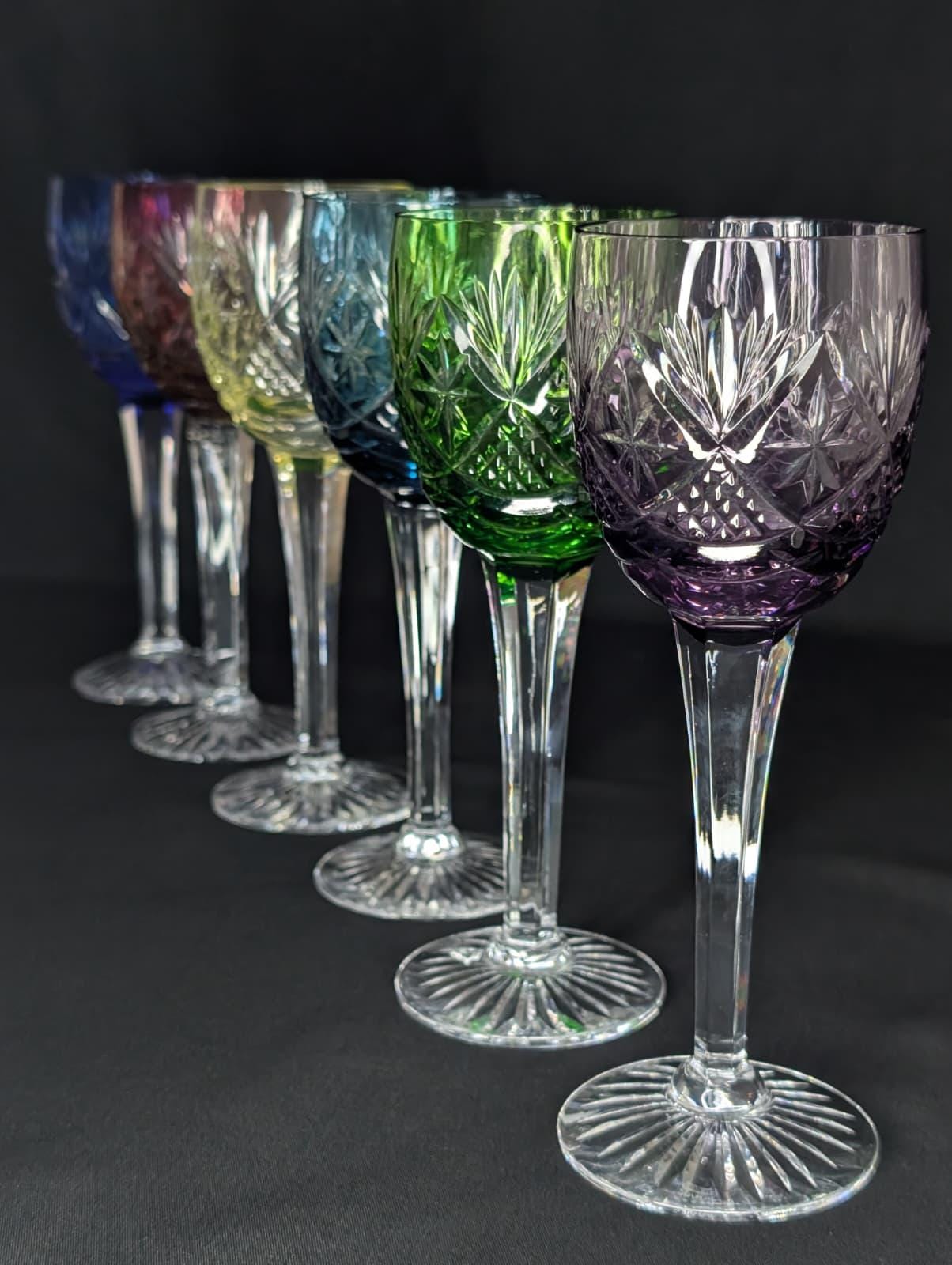 Set of 6 Vintage Ajka Crystal Multi-color Cut to Clear Wine