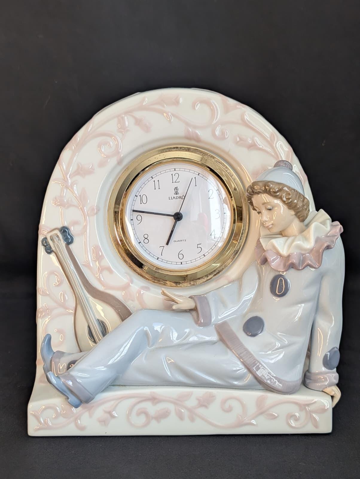Vintage Lladró Porcelain Mantel Clock Harlequin Clown Figure Spain