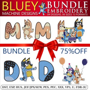 Pacchetto ricamo Bluey 2025, Bluey Bingo, Bluey, compleanno Bluey, 4 disegni - Download immediato 6 dimensioni